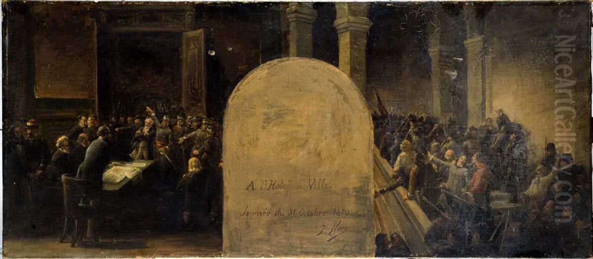 Esquisse pour le cabinet du prefet de l'Hotel de Ville de Paris : L'envahissement de l'Hotel de Ville par les bataillons de Belleville Oil Painting by Jean-Baptiste Noro