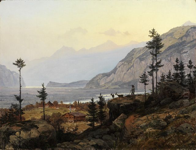 Schweizer Alpenlandschaft mit Fluss und See Oil Painting by Johann Wilhelm Schirmer