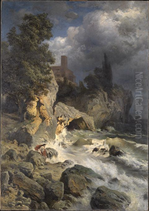 Landschaft mit Hero Leander erwartend Oil Painting by Edmund Friedrich Kanoldt