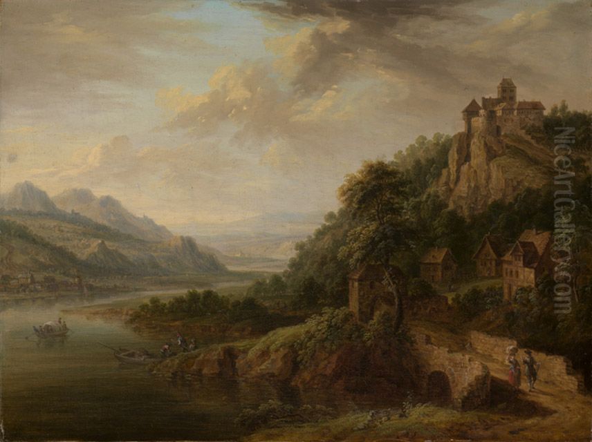 Rhine landscape with a castle Oil Painting by Christian Georg Schutz