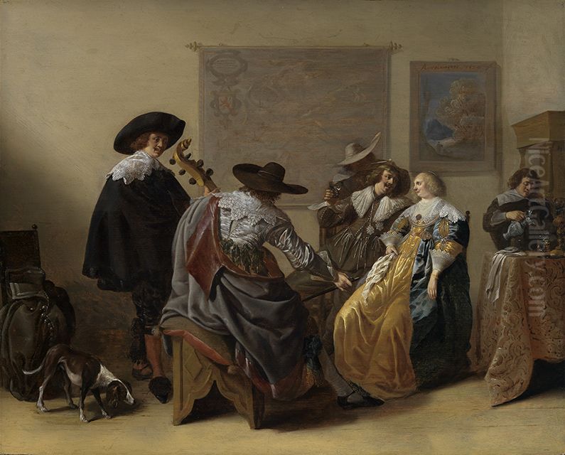 Merry company smoking, drinking and playing music in an interior Oil Painting by Anthonie Palamedesz.