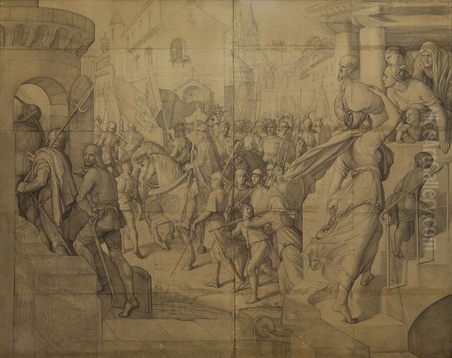 Kaiser Karl mit dem Heer der Franken in Paris Oil Painting by Julius Schnorr Von Carolsfeld