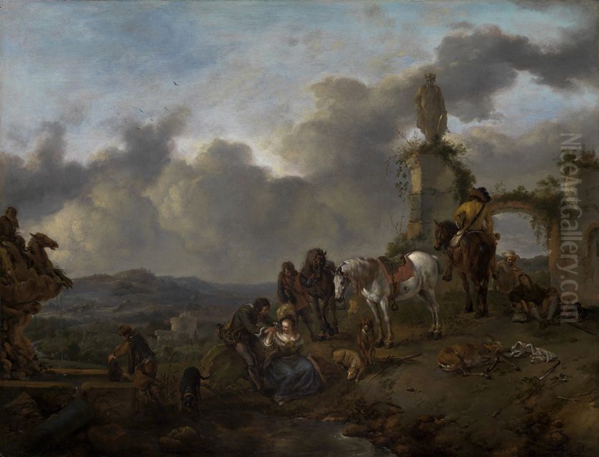 Italianate landscape with a resting hunting party Oil Painting by Philips Wouwerman