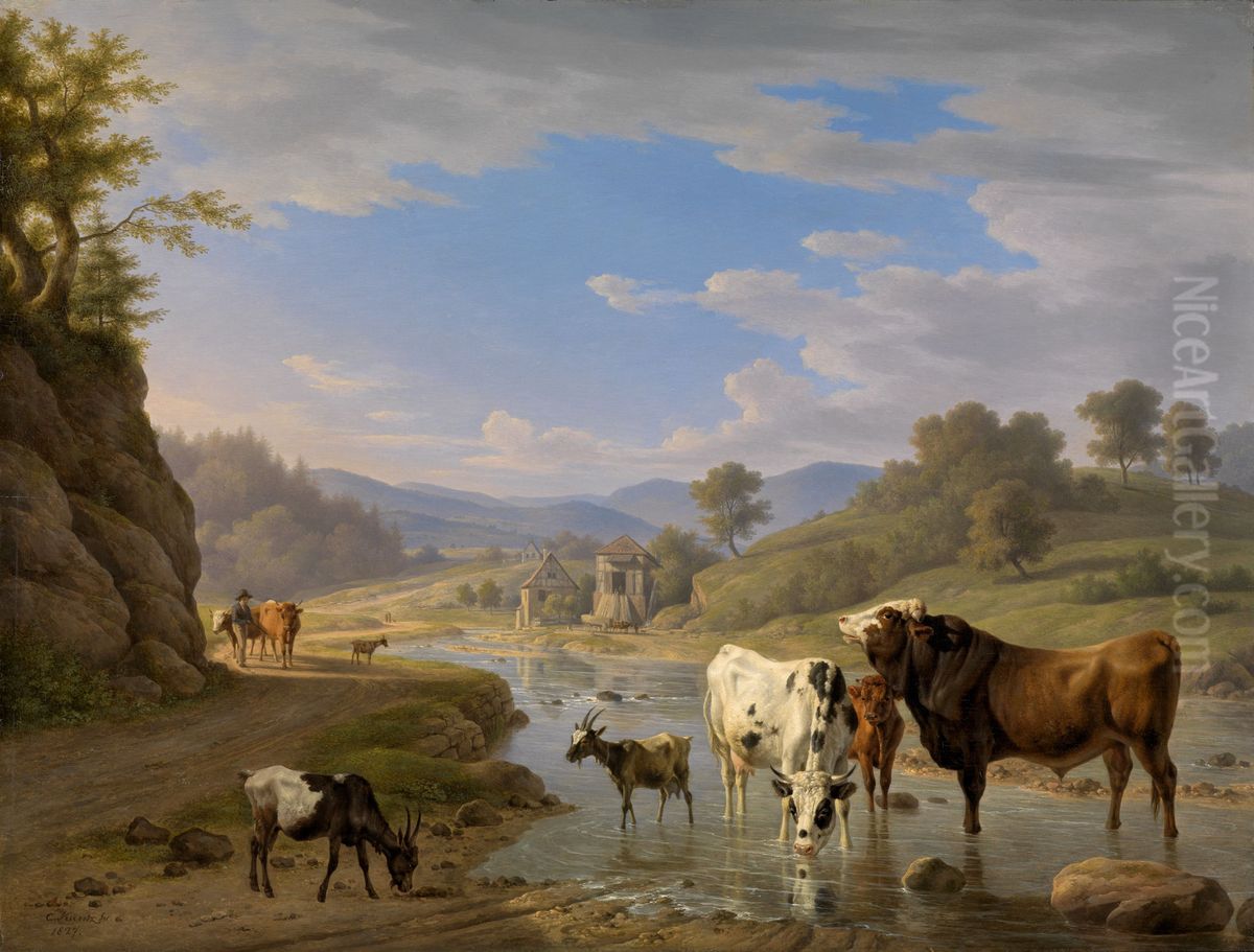 View of Geroldsau near Baden-Baden with cattle Oil Painting by Carl Kuntz