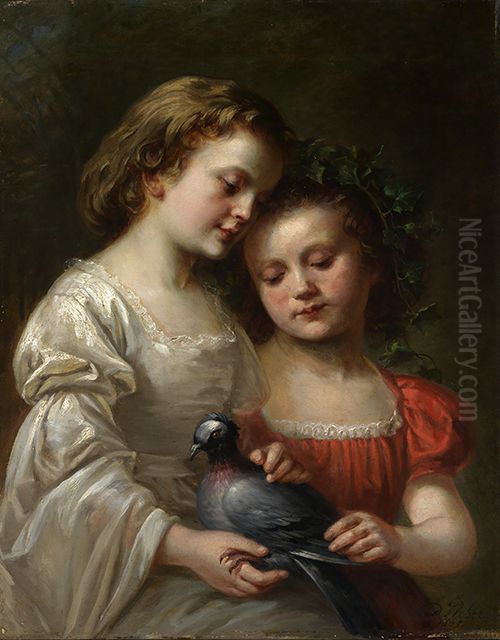 Zwei Madchen mit Taube Oil Painting by Dominik Weber
