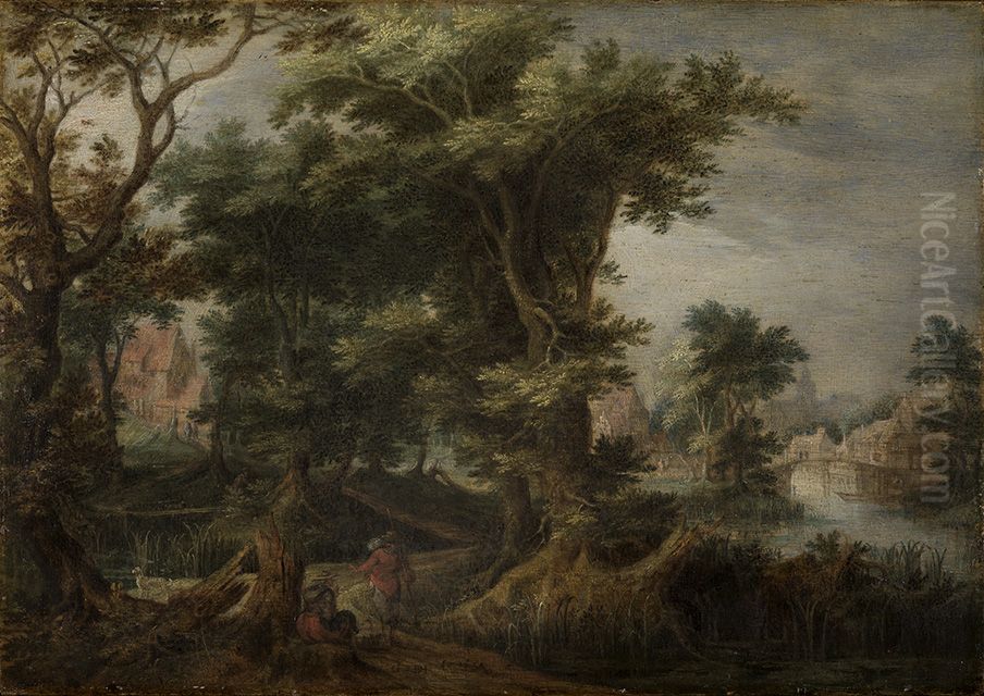 Waldlandschaft mit rastenden Bauern Oil Painting by Gijsbert d'Hondecoeter