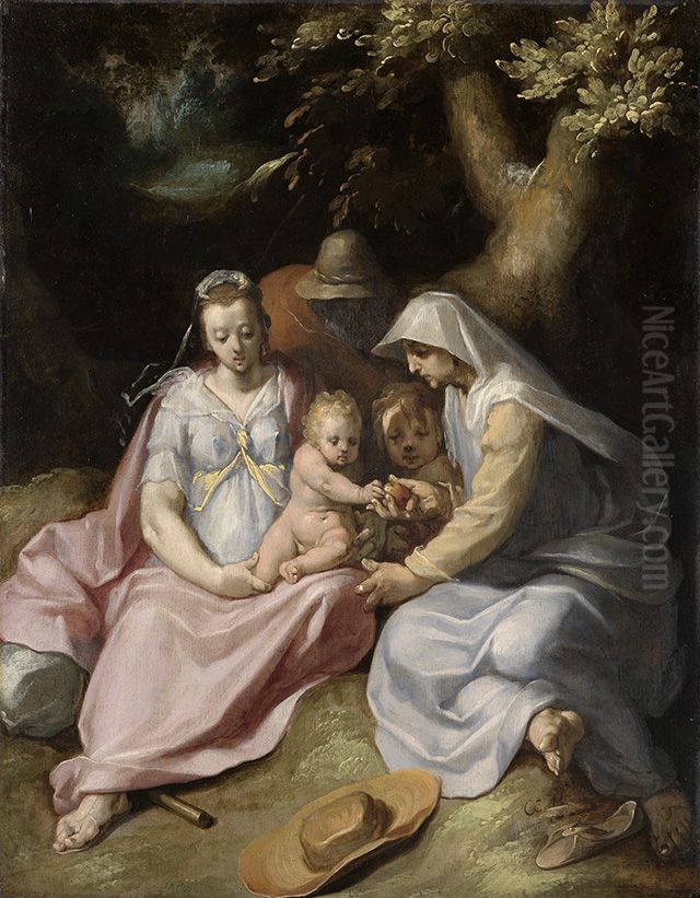 Die Heilige Familie mit der Heiligen Elisabeth und dem Johannesknaben im Walde Oil Painting by Cornelis van Haarlem