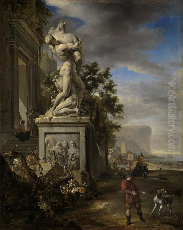 Sudliche Strandlandschaft mit Palastfassade und Denkmal Oil Painting by Jan Weenix