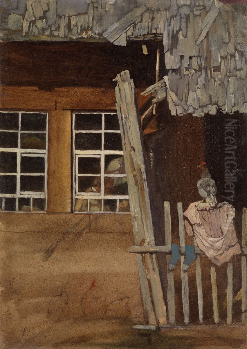 Bauernhausecke mit Gartenzaun und Huhn Oil Painting by Hans Thoma