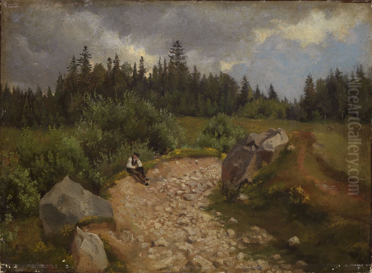 Steiniger Weg am Waldrand mit sitzendem Mann Oil Painting by Hans Thoma