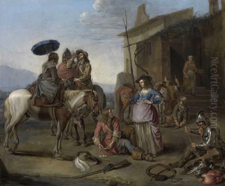 Reisende halten vor einer Osteria Oil Painting by Johannes Lingelbach