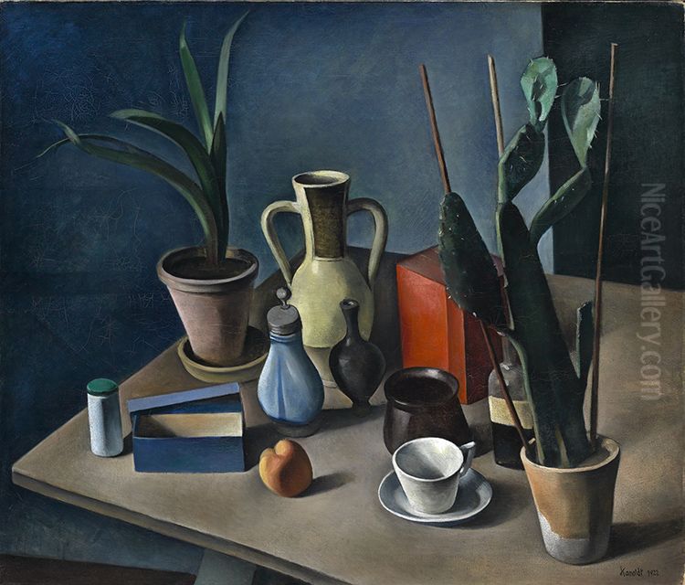 Grosses Stilleben mit Krugen und roter Teedose Oil Painting by Alexander Kanoldt