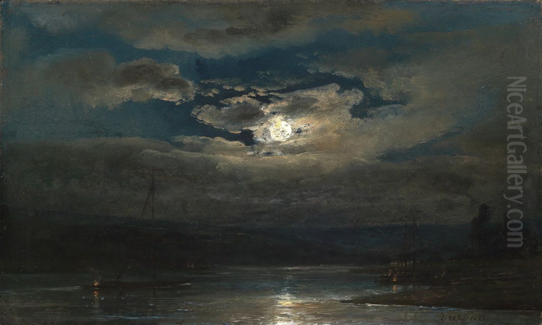 Elblandschaft bei Dresden im Mondschein Oil Painting by Johan Wilhelm Ludwig Dahl