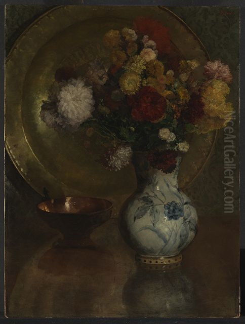 Blumenstilleben mit Messinggefassen und Delfter Kanne Oil Painting by Louis Eysen
