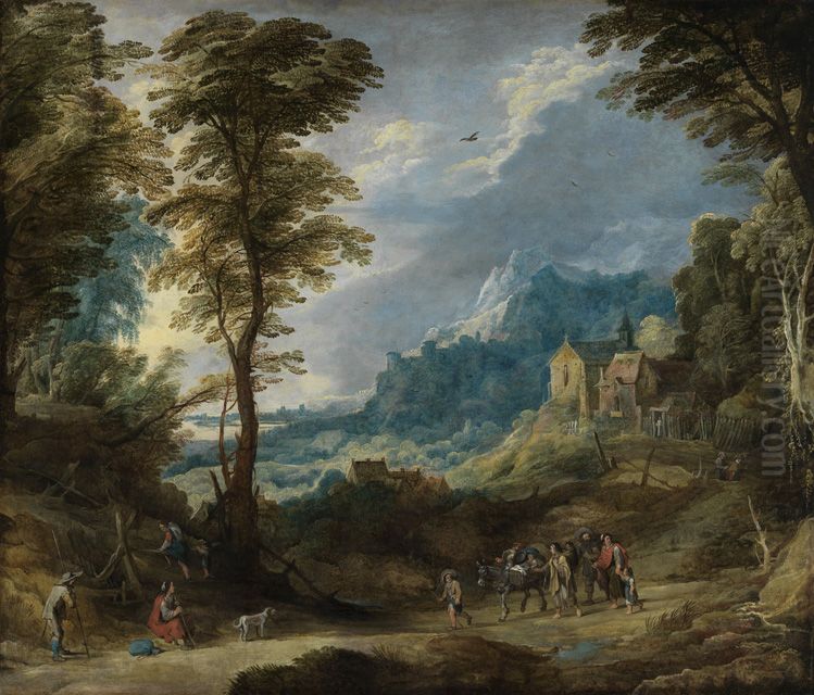 Gebirgslandschaft mit Pilgern und fahrendem Volk Oil Painting by Joos de Momper the Younger
