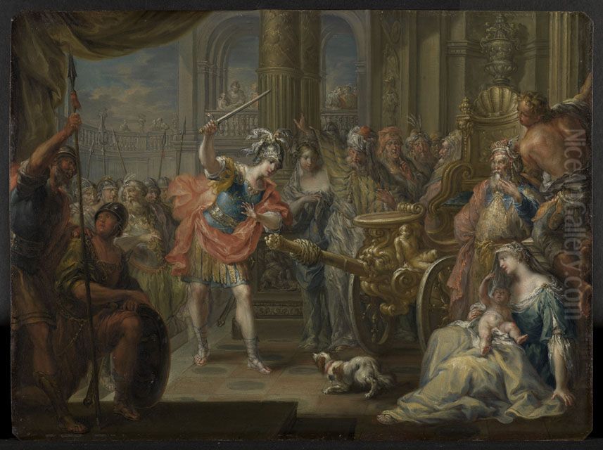 Alexander der Grosse zerhaut den gordischen Knoten Oil Painting by Johann Georg Platzer
