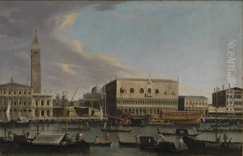 Blick vom Bacino di S.Marco auf den Molo mit Dogenpalast, Piazzetta, Liberia und Zecca Oil Painting by Canaletto