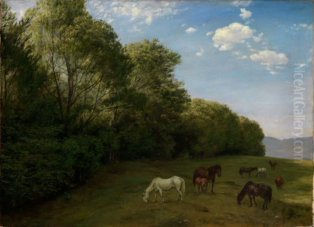 Landschaft mit weidenden Pferden Oil Painting by Hans Thoma