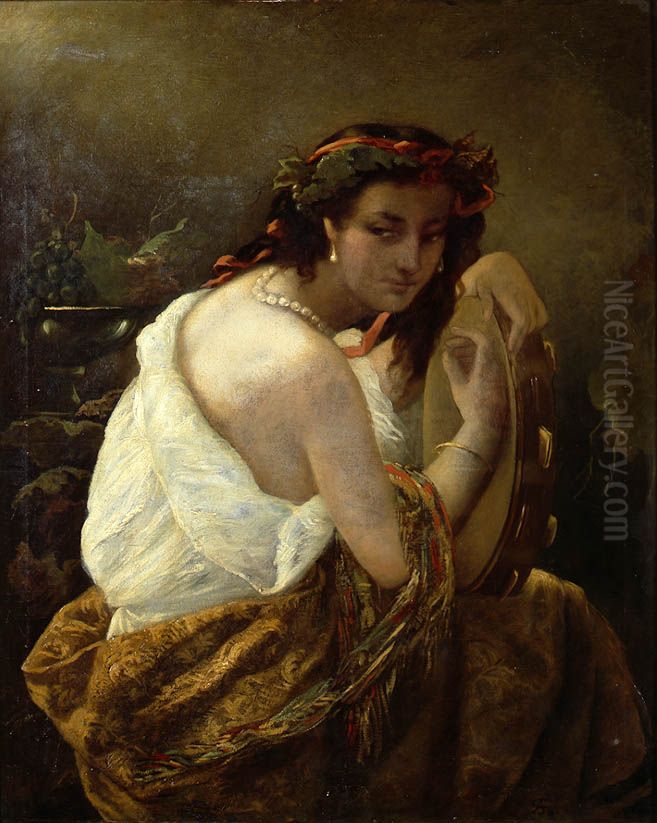 Zigeunerin mit Tamburin* Oil Painting by Anselm Friedrich Feuerbach