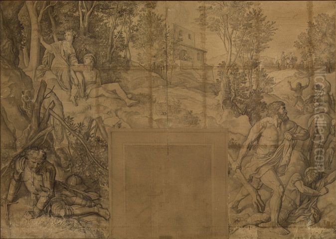 Angelika schneidet ihren und Medoros Namen in einen Lorbeerbaum - Rolands Schwermut und Raserei Oil Painting by Julius Schnorr Von Carolsfeld