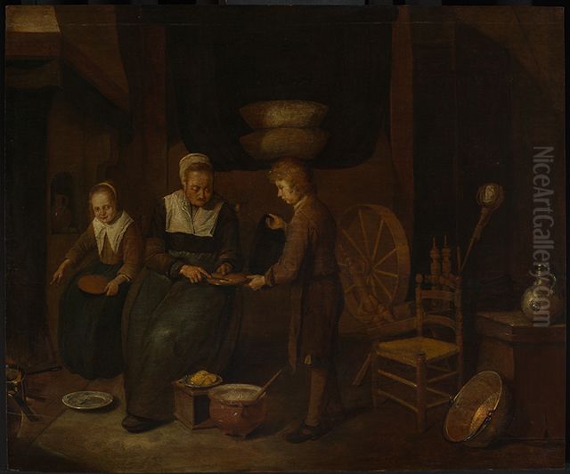 Interior with a woman baking pancakes and two children Oil Painting by Quirijn van Brekelenkam
