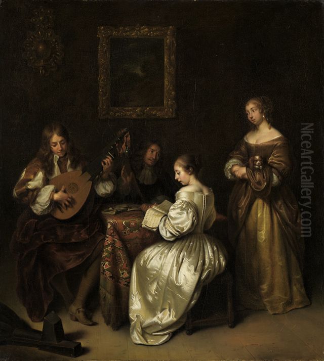Company playing musuc Oil Painting by Caspar Netscher