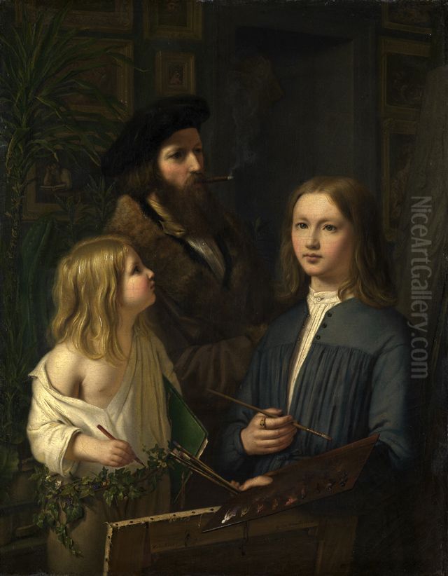 Selbstbildnis mit dem Vater Georg Philipp und dem Bruder Nathanael Oil Painting by Guido Philipp Schmitt