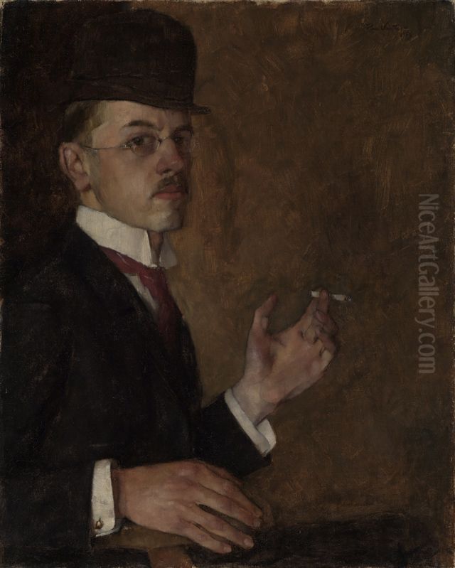 Selbstbildnis mit Zigarette Oil Painting by Hans Sutter