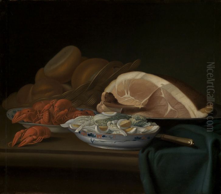 Breakfast still life with ham, crabs and eggs Oil Painting by Justus Juncker