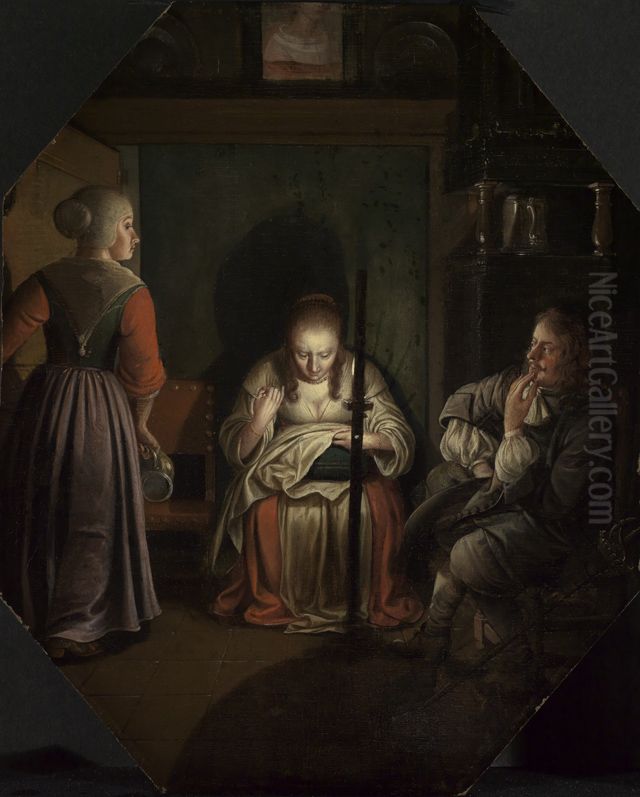 Sewing woman, Cavalier and maid by candlelight Oil Painting by Wolfgang Heimbach