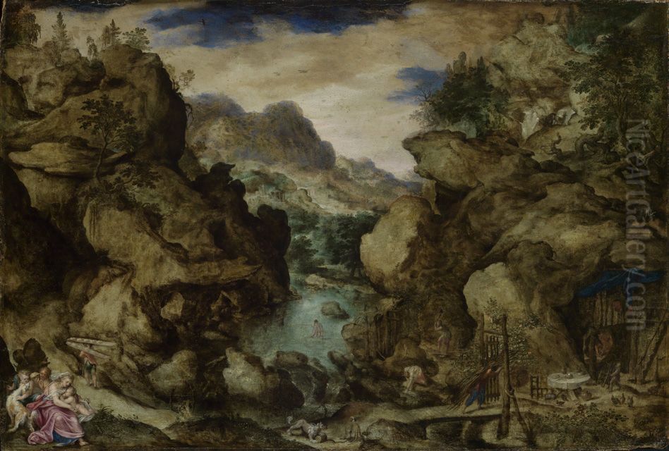 Mountain landscape with a scene of the early history of man Oil Painting by Bartholomeus Spranger