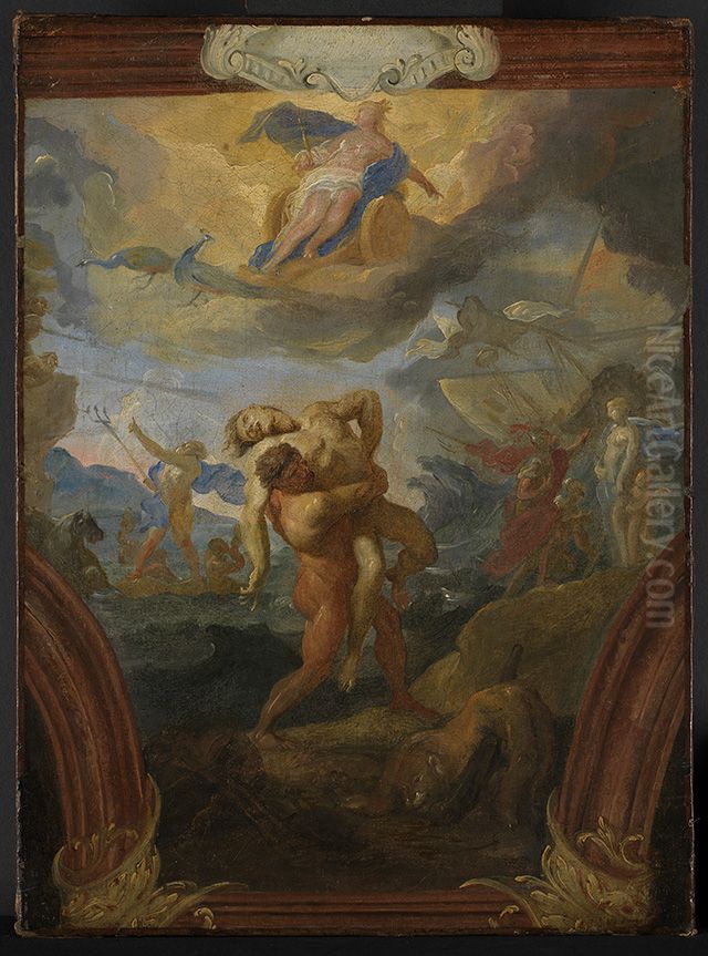 Herkules und Antaus, am Himmel Juno auf ihrem Wagen Oil Painting by Johann Michael Rottmayr