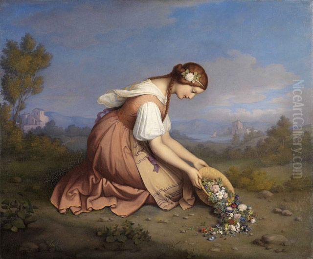 Kniendes Madchen, einen Blumenkorb ausschuttend Oil Painting by Marie Ellenrieder