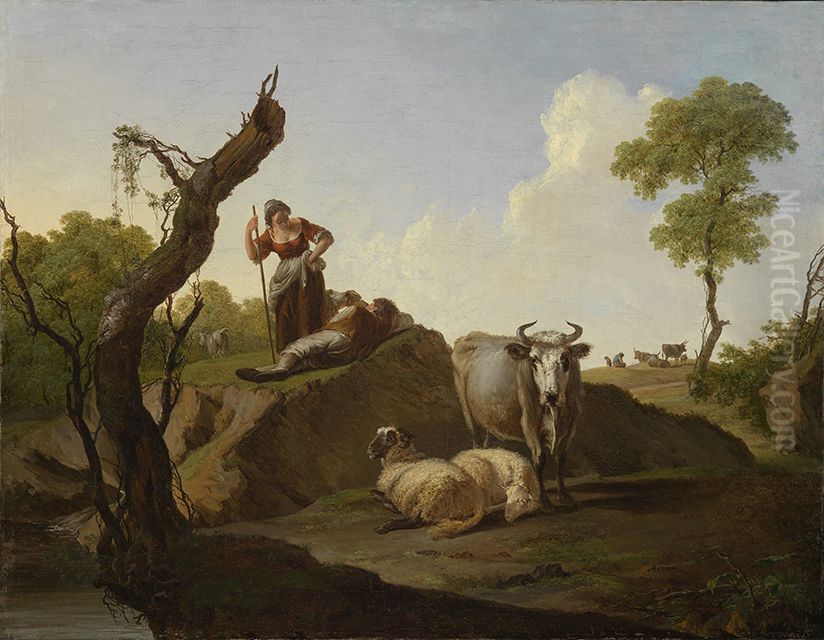 Landschaft mit Herde und Hirtenpaar Oil Painting by Nicolas Henri Joseph De Fassin