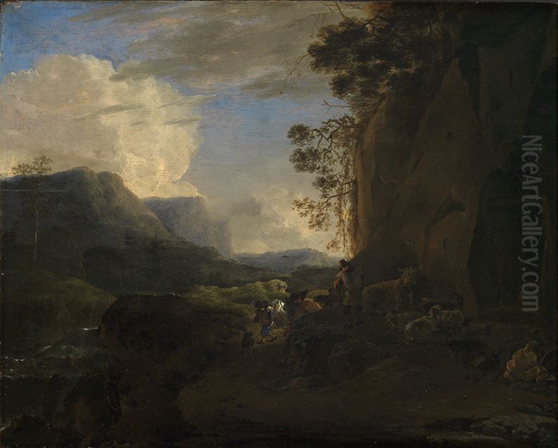 Felsiges Gebirgstal mit Bach und Hirtengruppe Oil Painting by Jan Asselijn