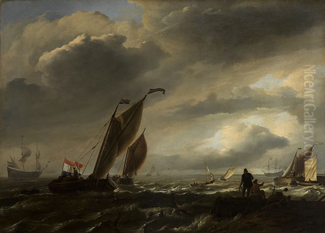 Ships on choppy water, in the foreground two men on a quay Oil Painting by Ludolf Bakhuizen