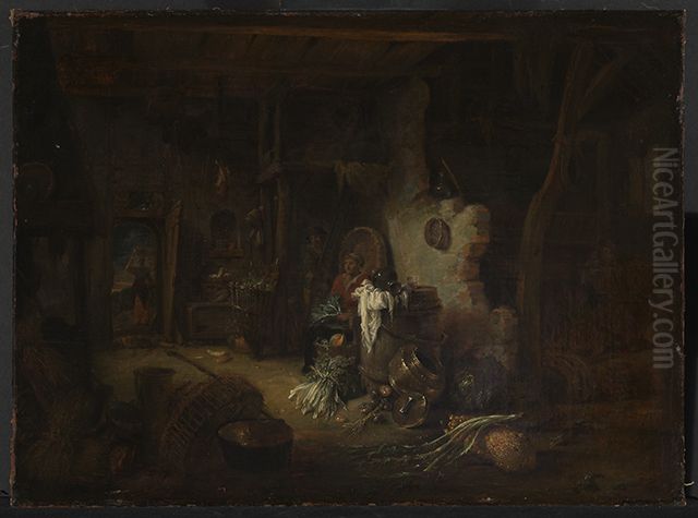 Inneres eines Bauernhauses mit Kuchenstilleben Oil Painting by Willem Kalf