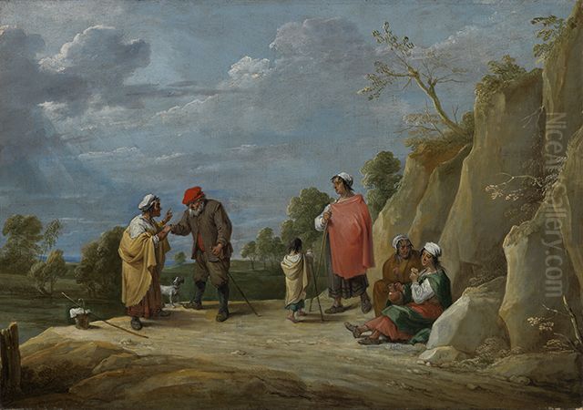 Vier Zigeunerinnen mit einem Kind, eine einem Bauern wahrsagend Oil Painting by David Teniers the Younger