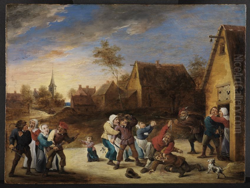 Brawling peasants in front of a tavern Oil Painting by Abraham Teniers
