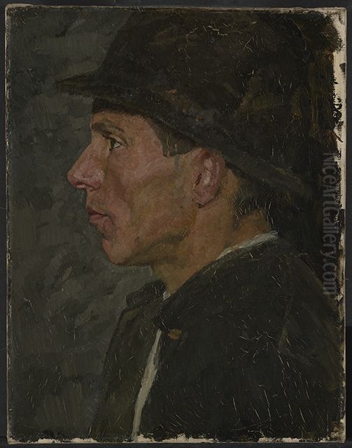 Kopf eines Bauern mit Hut im Profil Oil Painting by Ludwig Schmid-Reutte