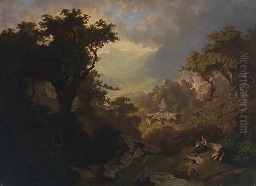 Landschaft bei Meran mit Blick auf Schloss Tirol Oil Painting by Heinrich Heinlein