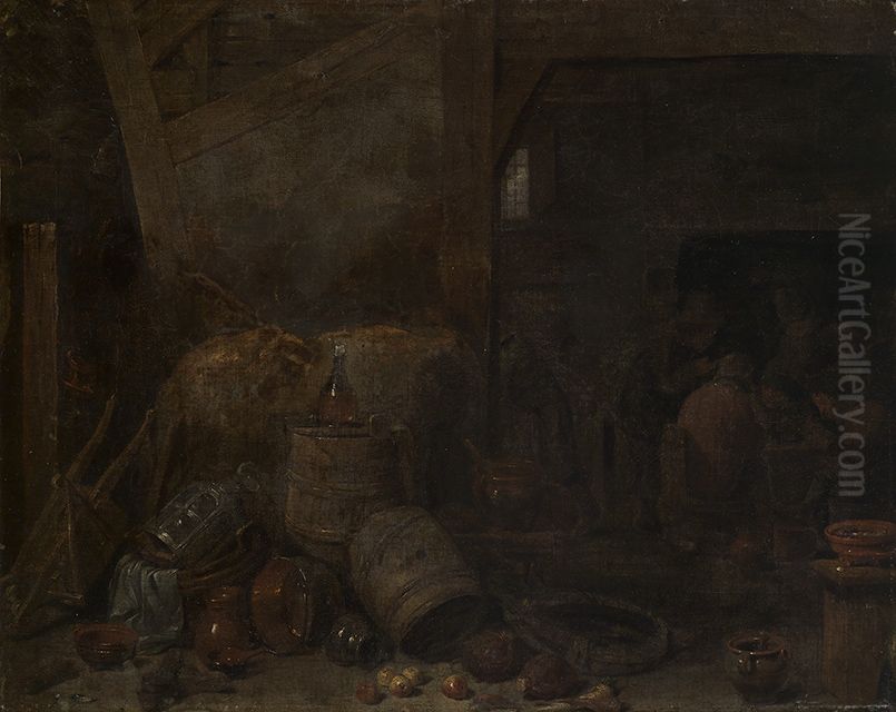 Inneres eines Bauernhauses, im Hintergrund Kartenspieler am Kamin Oil Painting by David Teniers the Younger