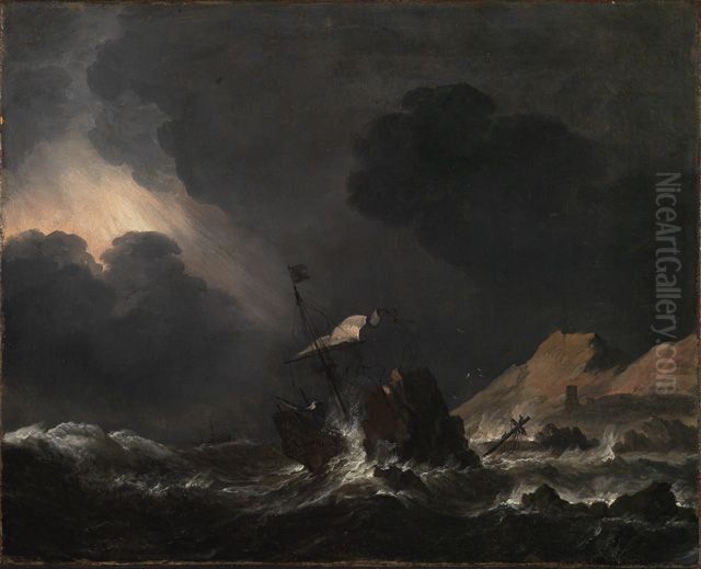 Seesturm mit strandendem Schiff Oil Painting by Jan Theunisz Blanckerhoff