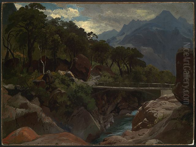 Schweizer Gebirgsfluss mit Steg Oil Painting by Johann Wilhelm Schirmer