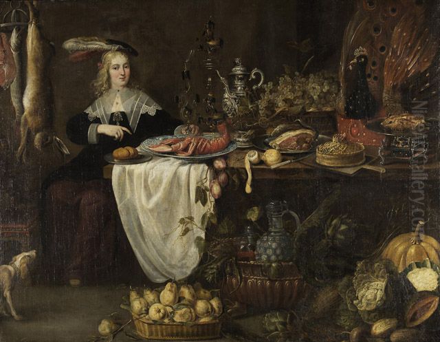Young woman sitting at a laden table in a larder Oil Painting by Adriaen van Utrecht