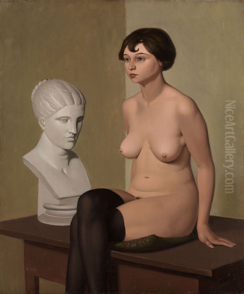 Female Nude by Plaster Head Oil Painting by Georg Scholz