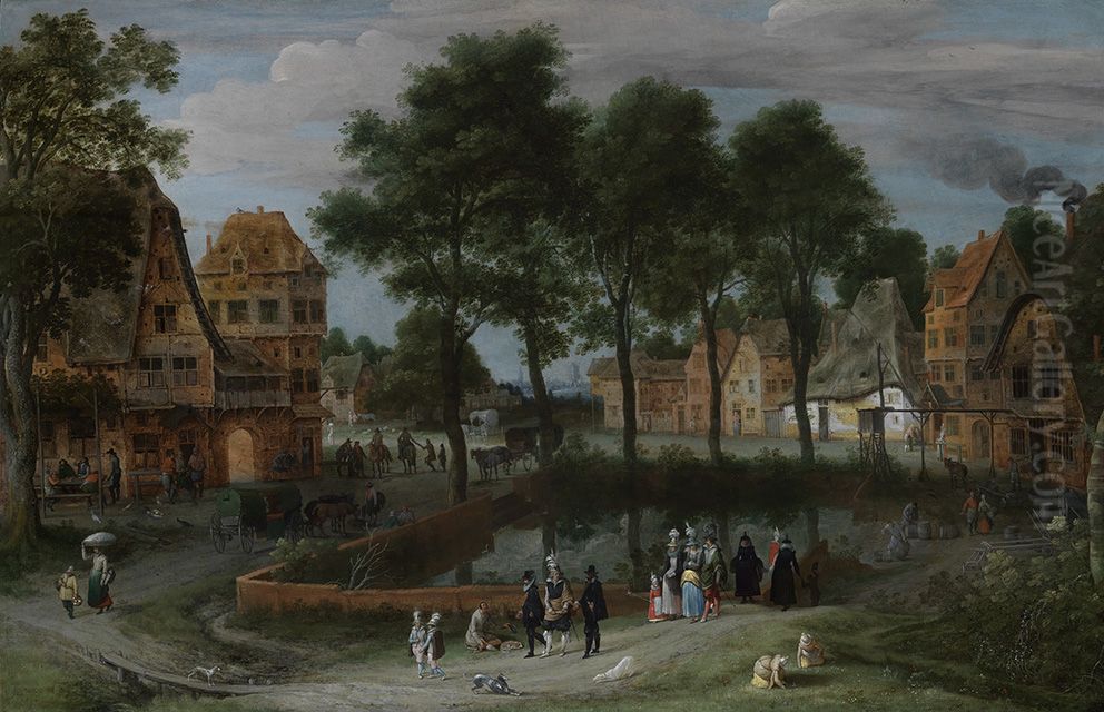 View of a village with visitors from the city Oil Painting by Adriaen Van Stalbemt