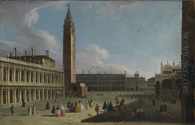 Blick von der Piazetta nach Norden auf Liberia, Campanile, Procuratie Vecchie, Torre dell'Orologio und San Marco Oil Painting by Canaletto