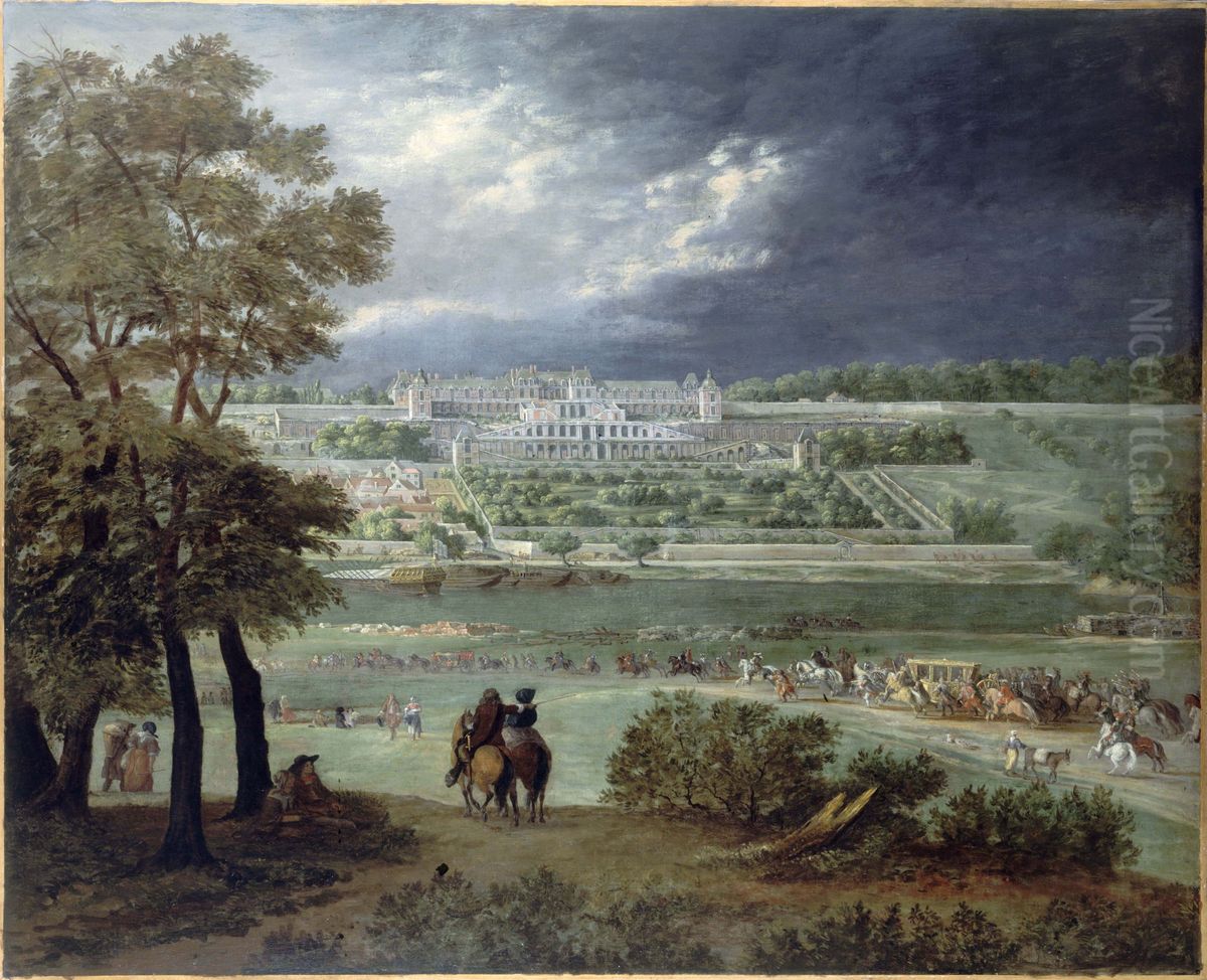 Le Chateau Neuf de Saint-Germain-en-Laye et les jardins, vus de la rive droite de la Seine ; lors de la reconstruction de la grande terrasse et du grand parterre, entre le 1er mars 1664 et le 17 mars 1665. Oil Painting by Adam Frans van der Meulen