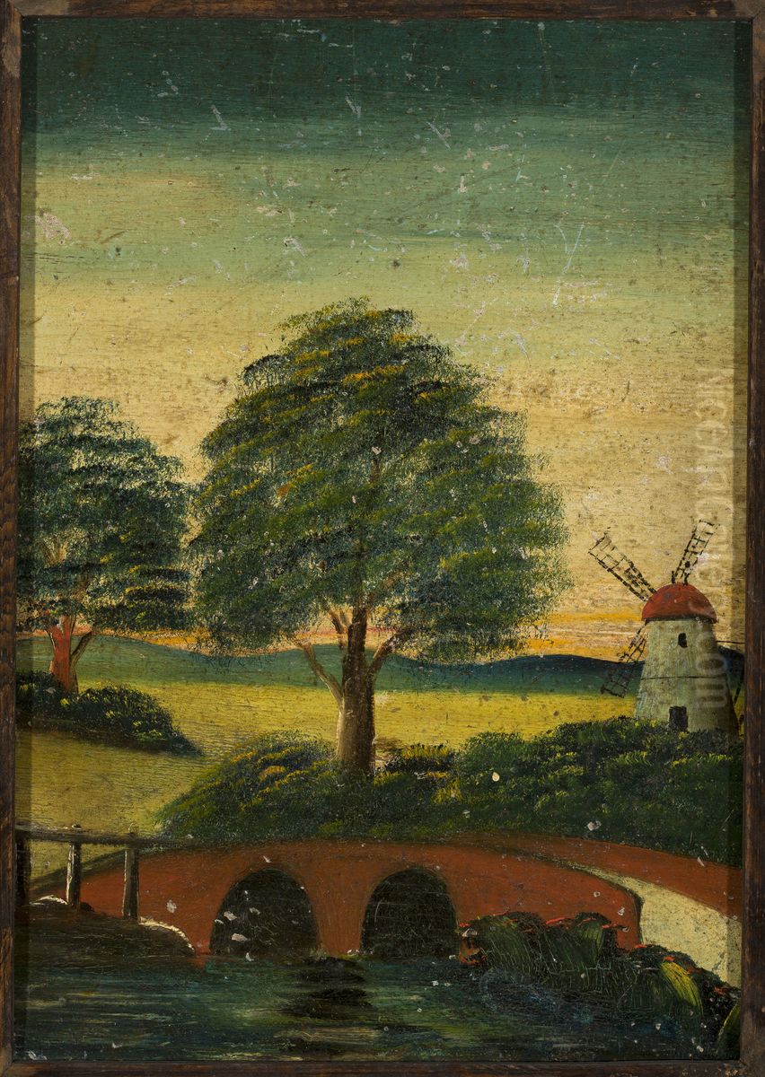 Landscape with a windmill and a bridge Oil Painting by Tadeusz Makowski